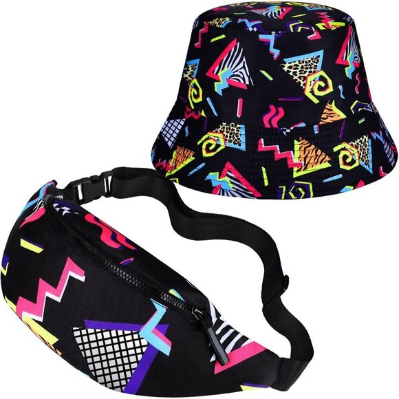2 Pcs Retro Fanny Pack and Bucket Hat Set for Men Women Summer Outdoor